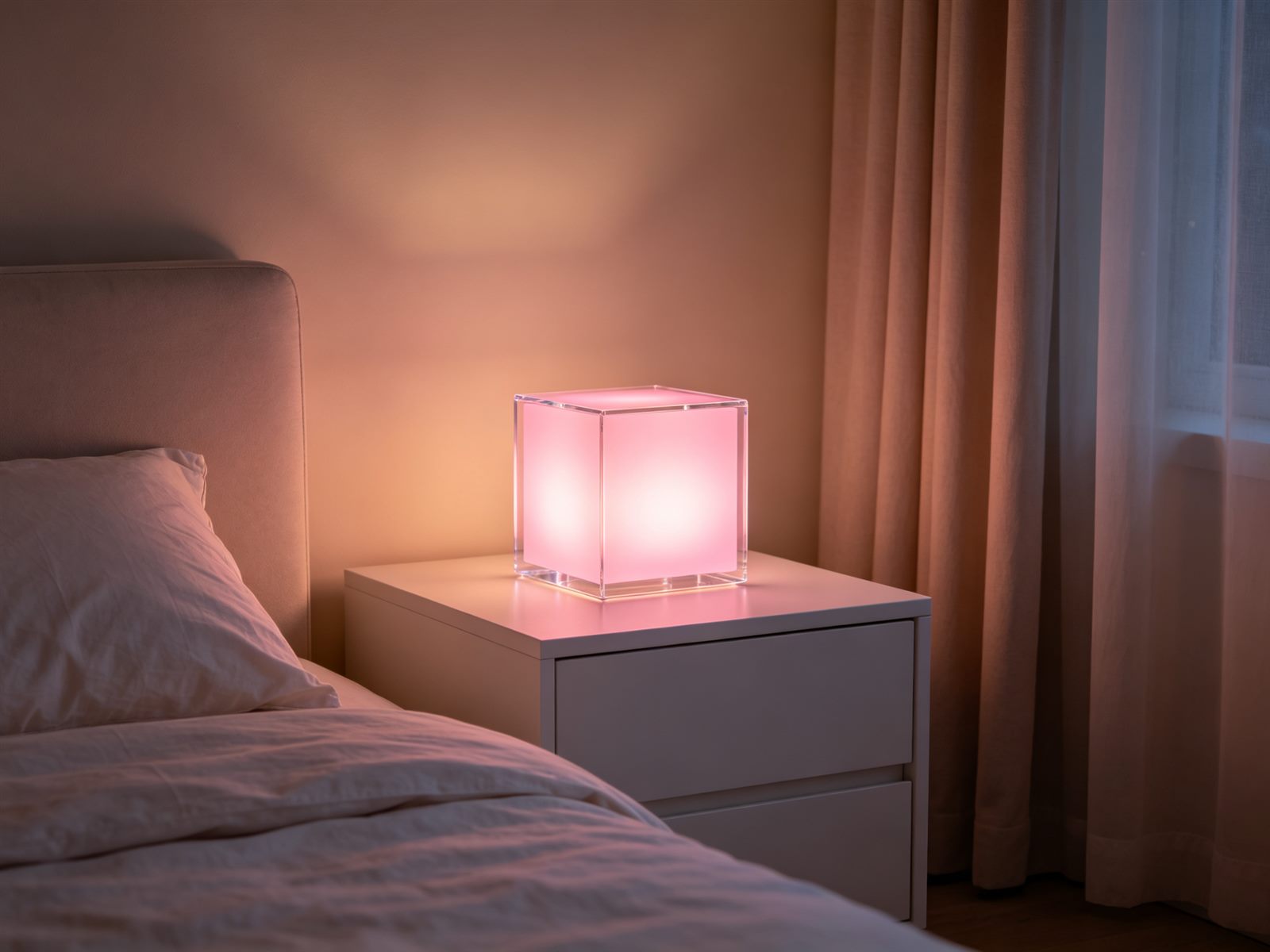 Acrylic cube light on bedside table