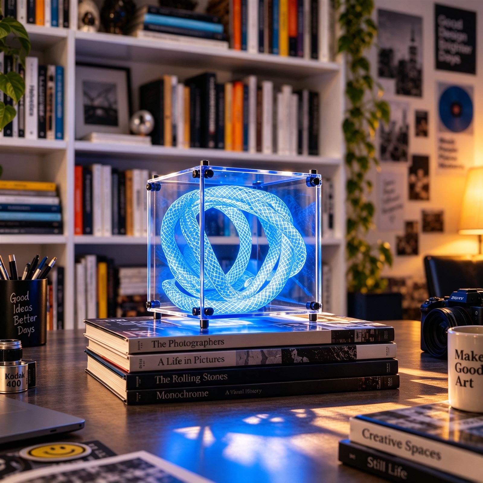 Acrylic cube light on bookshelf